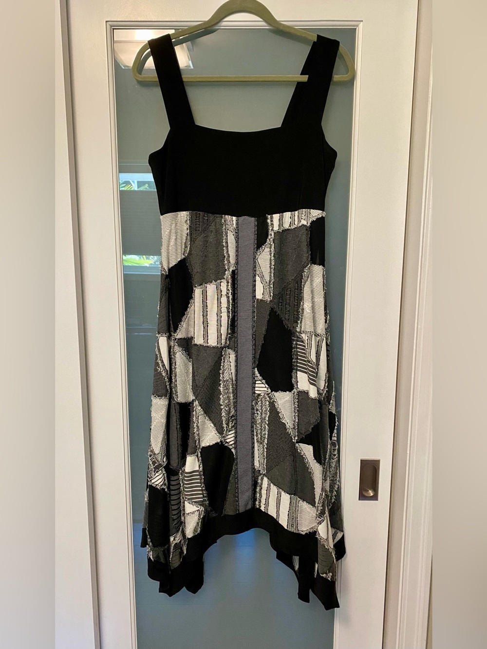 Frank Lyman Design Black and White Geometric Patchwork Midi Dress